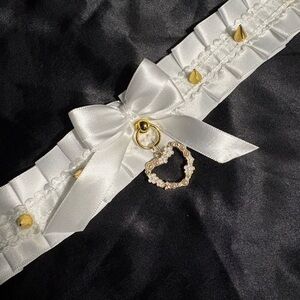 White Satin Ribbon Necklace with Gold Crystal Heart Charm